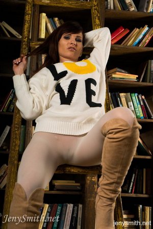 Jeny in the library in her new white seamless pantyhose